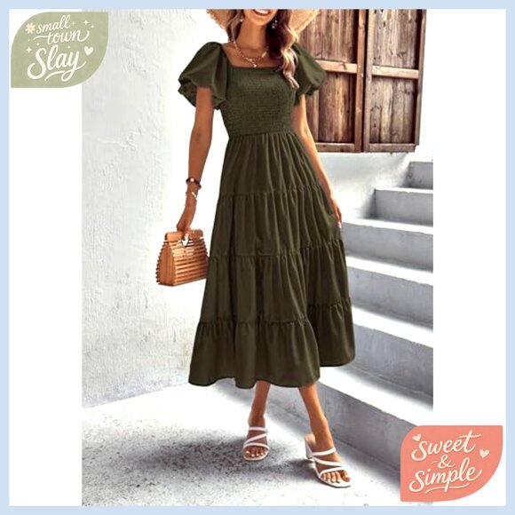 Women's Casual Midi Dress Puffy Sleeve Square Neck Smocked Tiered Ruffle - Picture 5 of 7